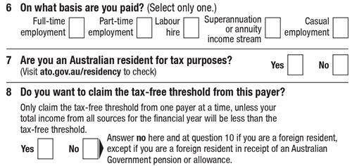 Australian tax form questions on residency and employment status.